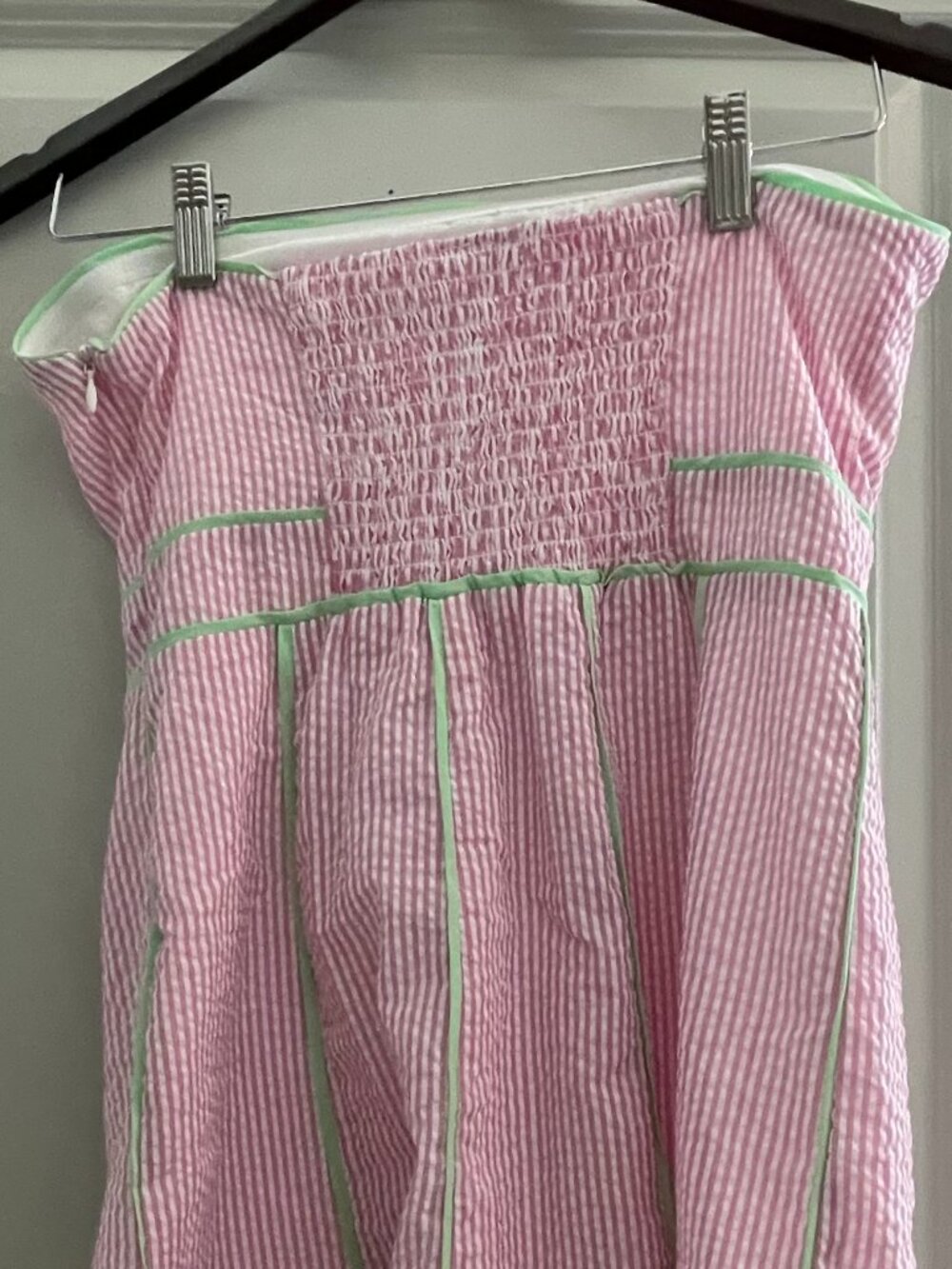 Strapless Pink Seersucker Scalloped Mini Dress - Picture 7 of 10